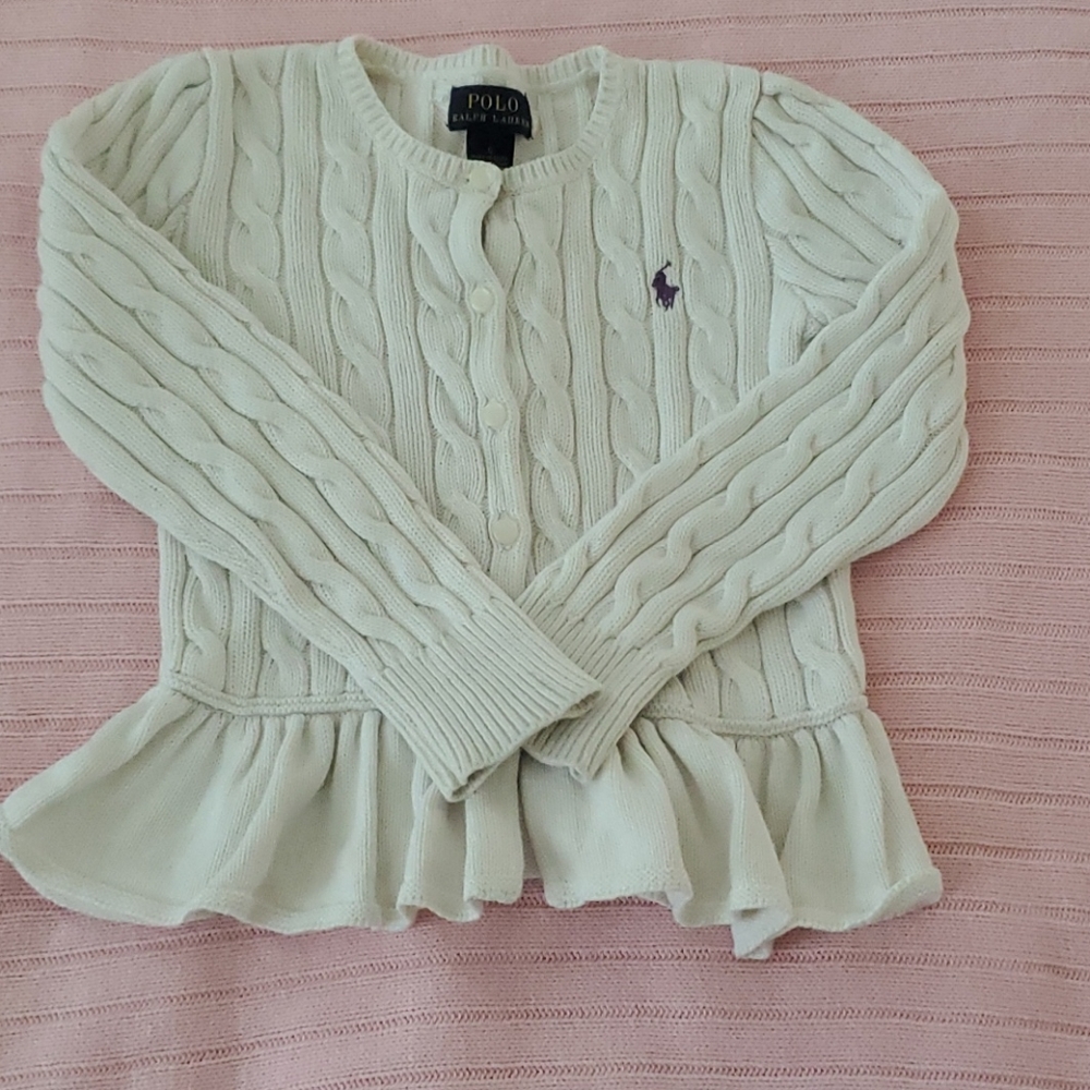 Girl's Cream Peplum Poli Cardigan w Purple Horse